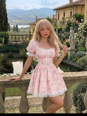 Skyraze Pink Floral Cottagecore Mini Dress | Lace Trim Coquette Picnic Dress 12